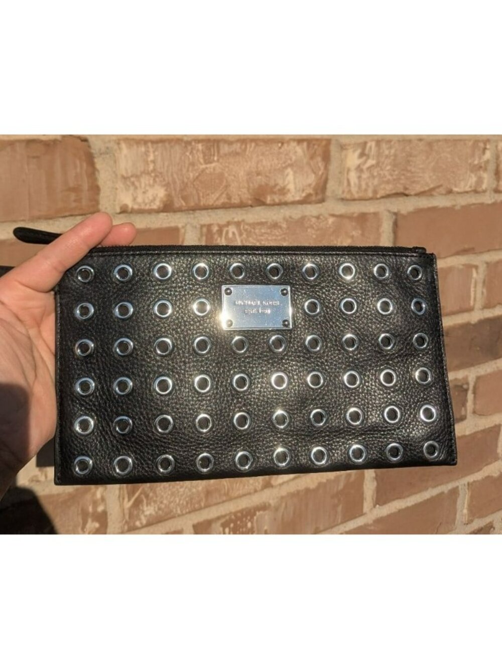 Michael Kors Large Pebbled Leather Clutch Wristlet With Grommets Black Silver